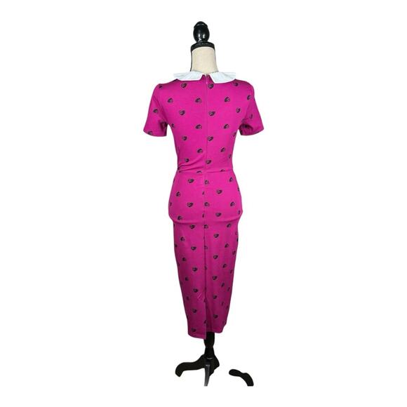 Unique Vintage Berry Pink Black Cat Print Renata Pencil Dress - Picture 6 of 7